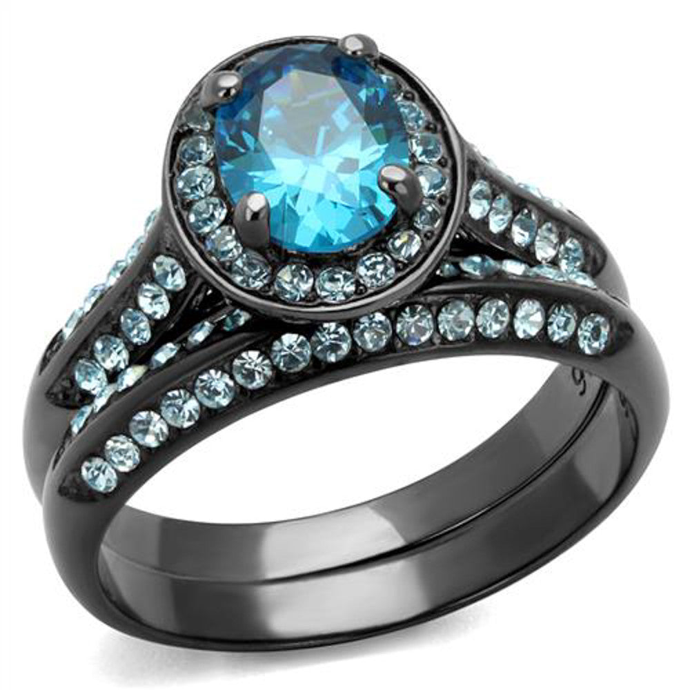 ARTK1W163LJ Gray Stainless Steel 2.65 Ct Sea Blue Cz Halo Wedding Ring Set Women's Size 5-10